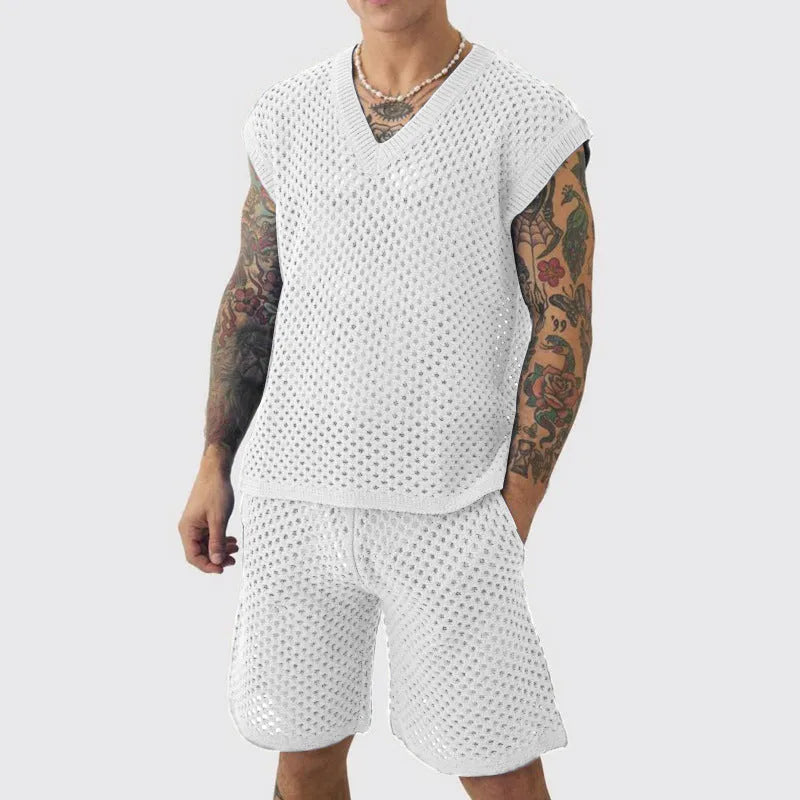 Men's blue knitted vest and shorts sports suit with V-neck and sleeveless design