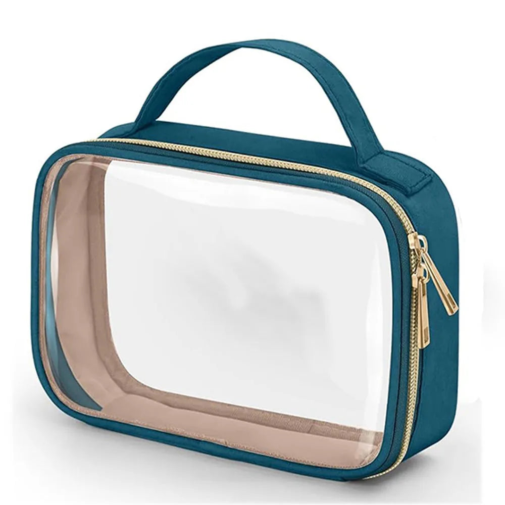Transparent PVC wash bag showing cosmetics inside with chain handle