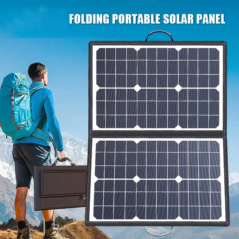 Black 40W folding portable solar panel bag shown folded to its 425x285mm size