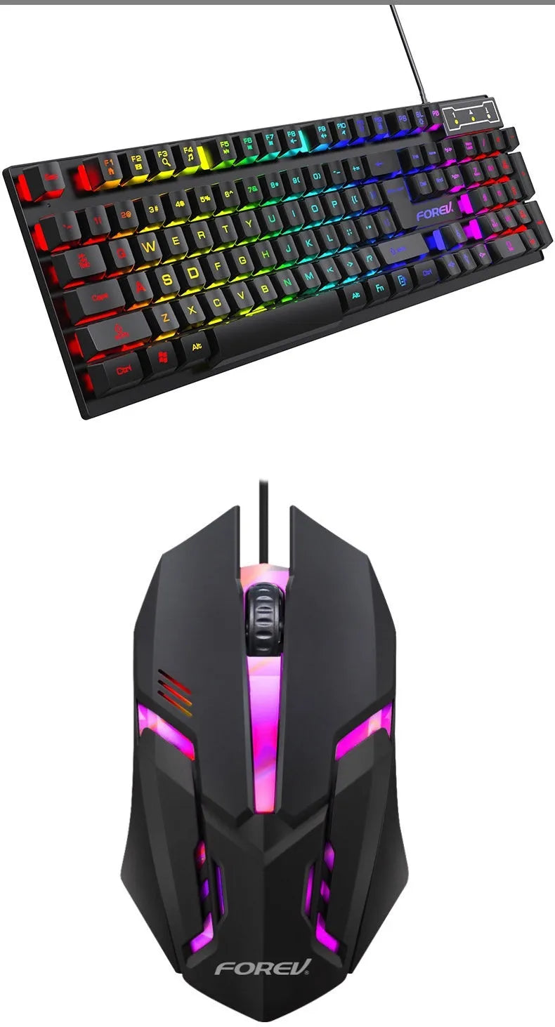 Black 104-key backlight gaming keyboard with mouse on desk showing compact design