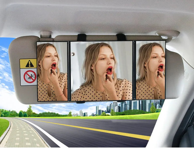 Silver folding car grooming mirror showing open and closed positions with ABS frame