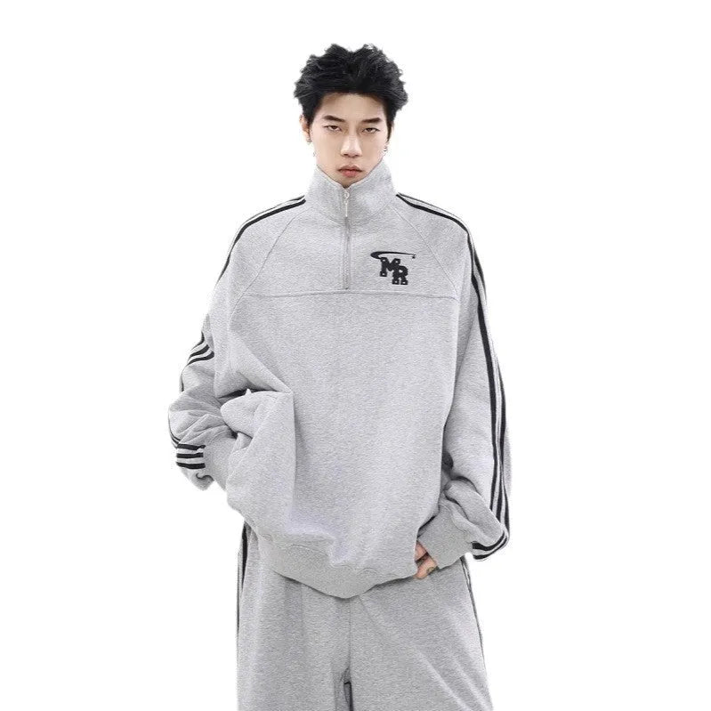 Black stand collar polyester sweatshirt in Hong Kong style for men's casual sports wear