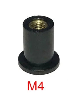 Black motorcycle windshield rubber well nut fasteners with brass threads in M4 M5 M6 sizes, kit of 10 pieces.