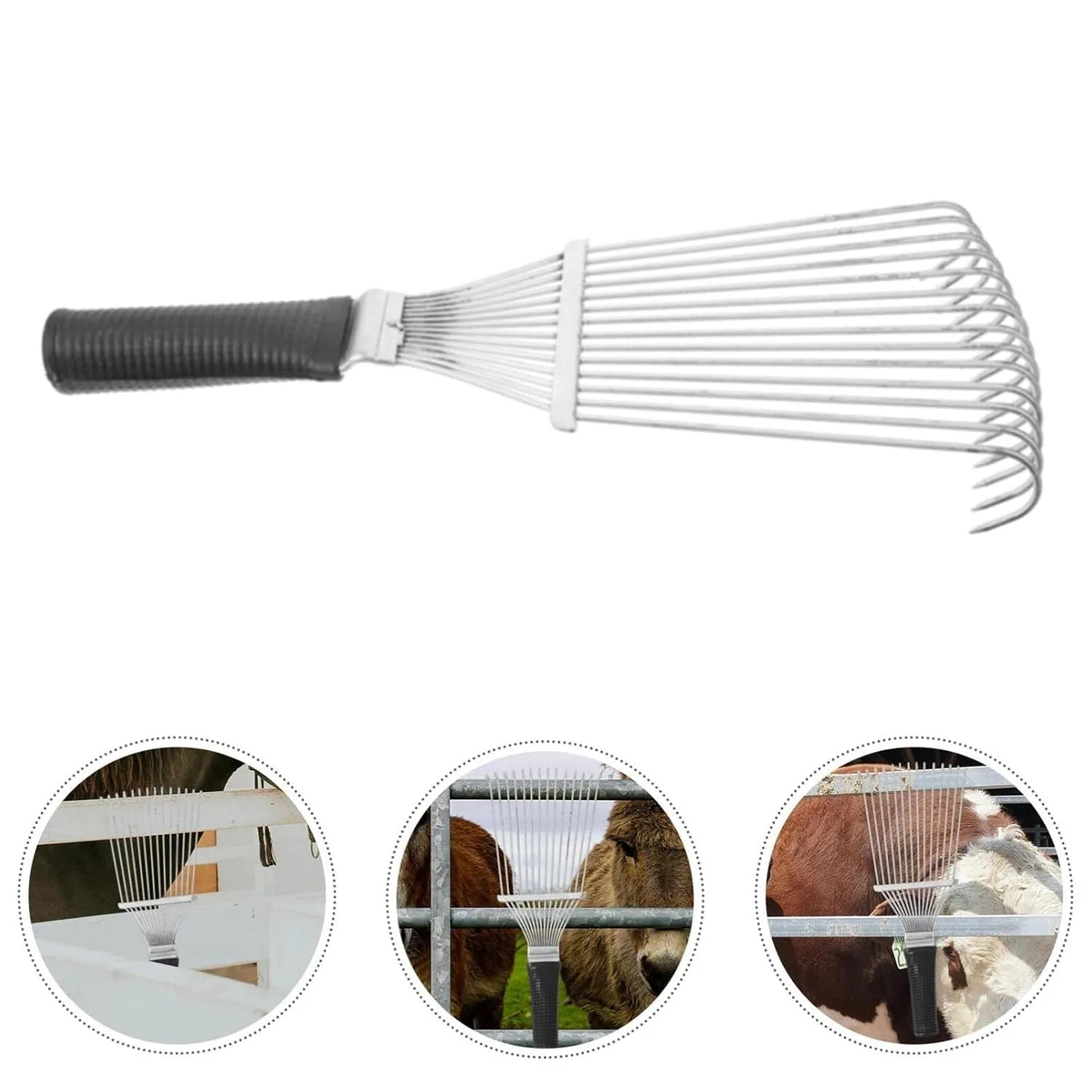 Stainless steel pet dematting brush rake comb with curved teeth for grooming horses and dogs.