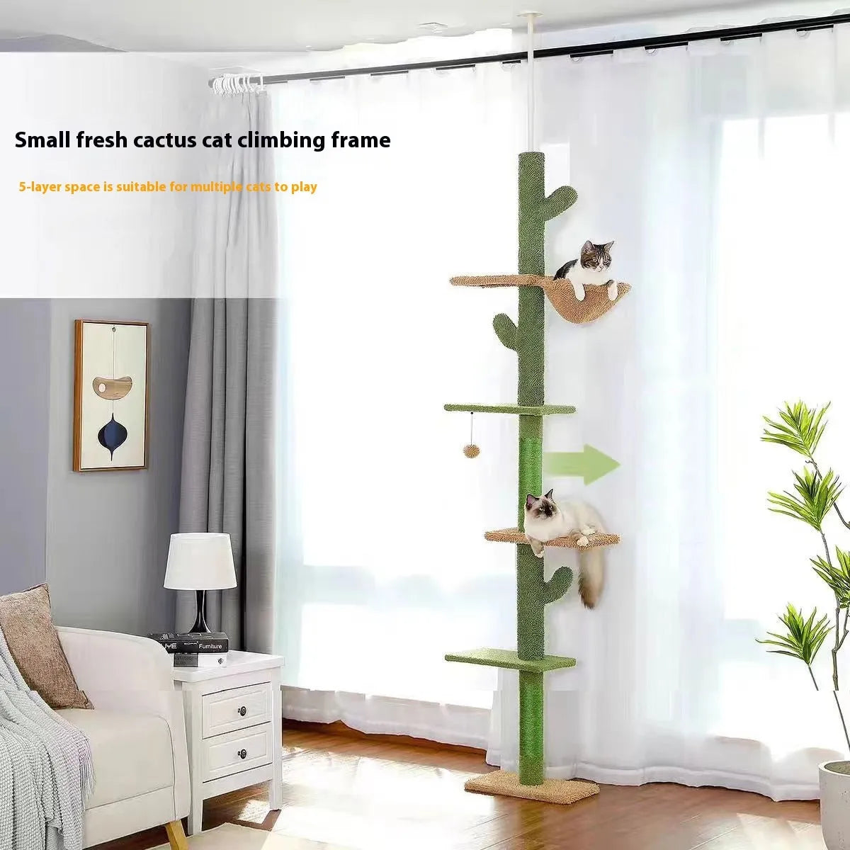 Tall cactus design cat tree with integrated scratch board and toy on solid wood climbing frame