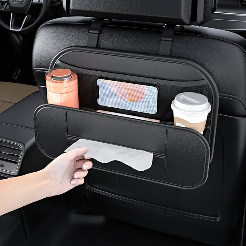 Black genuine leather car seat rear storage bag with dimensions 36cm wide by 24cm tall