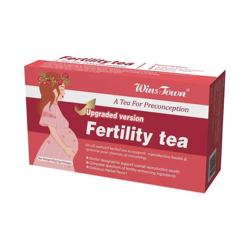 A box of fertility herbal tea containing 90 individual teabags for daily reproductive health support.