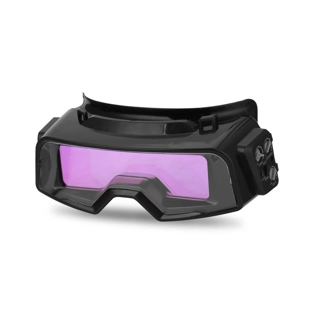 Black automatic darkening welding mask with a large rectangular LCD viewing lens.