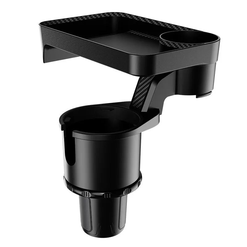 Black ABS rotating car tray holder showing cup holder and dinner plate attachment mounted in vehicle