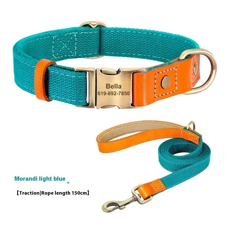 Small dog mohair collar and traction rope set in Mo Landi green with lettering