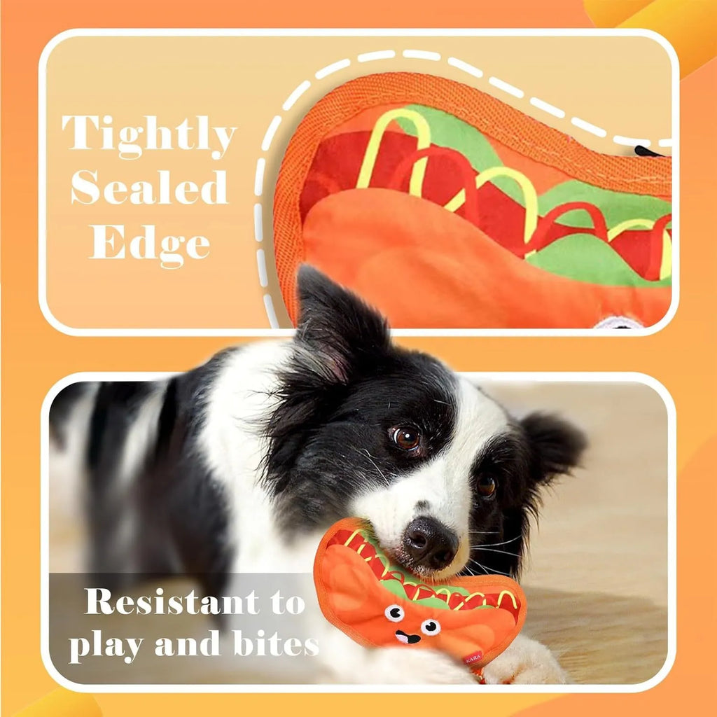 Hamburger-shaped crinkle and squeaky dog toys without stuffing for safe interactive play