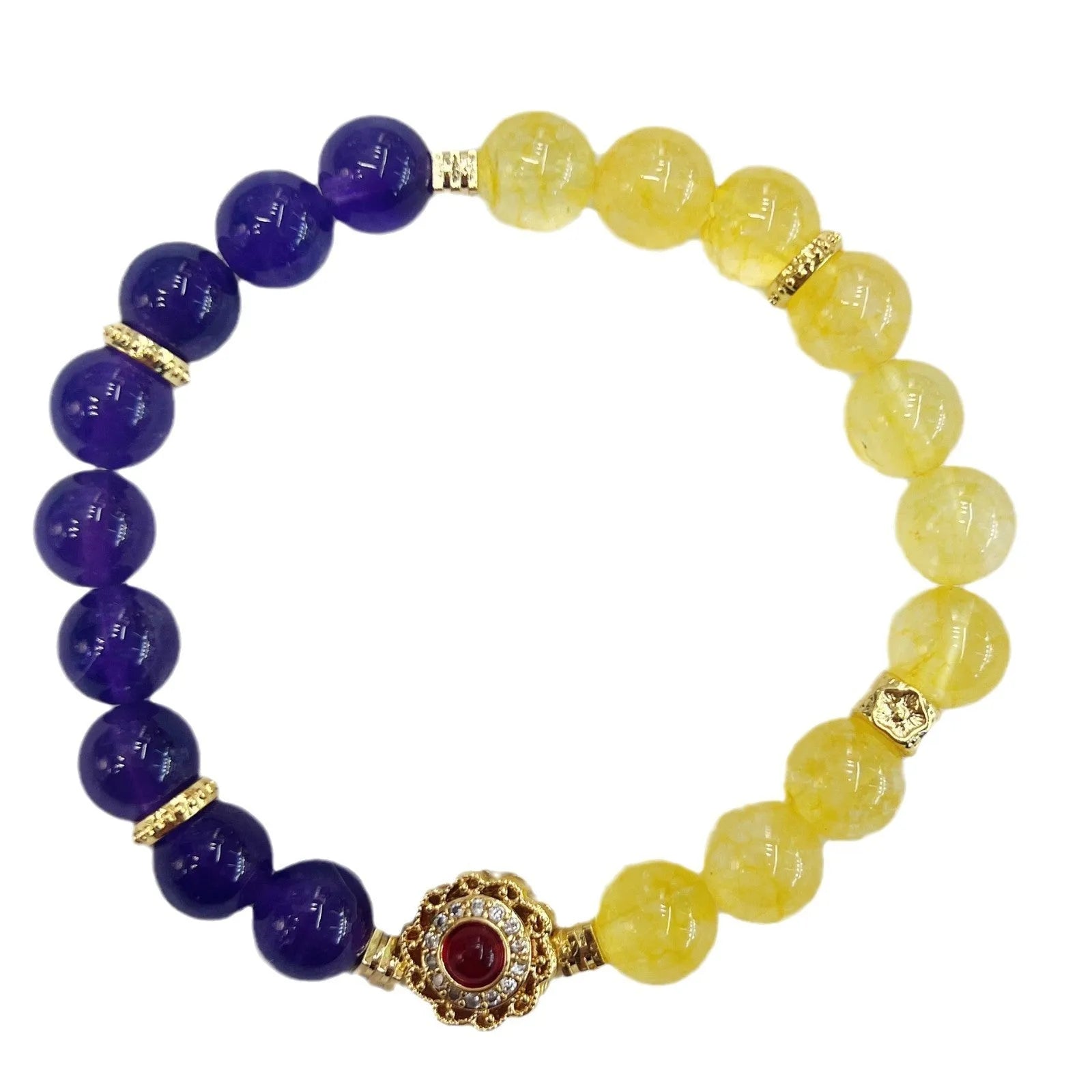 Handmade women's amethyst crystal bracelet with yellow and purple colour combination