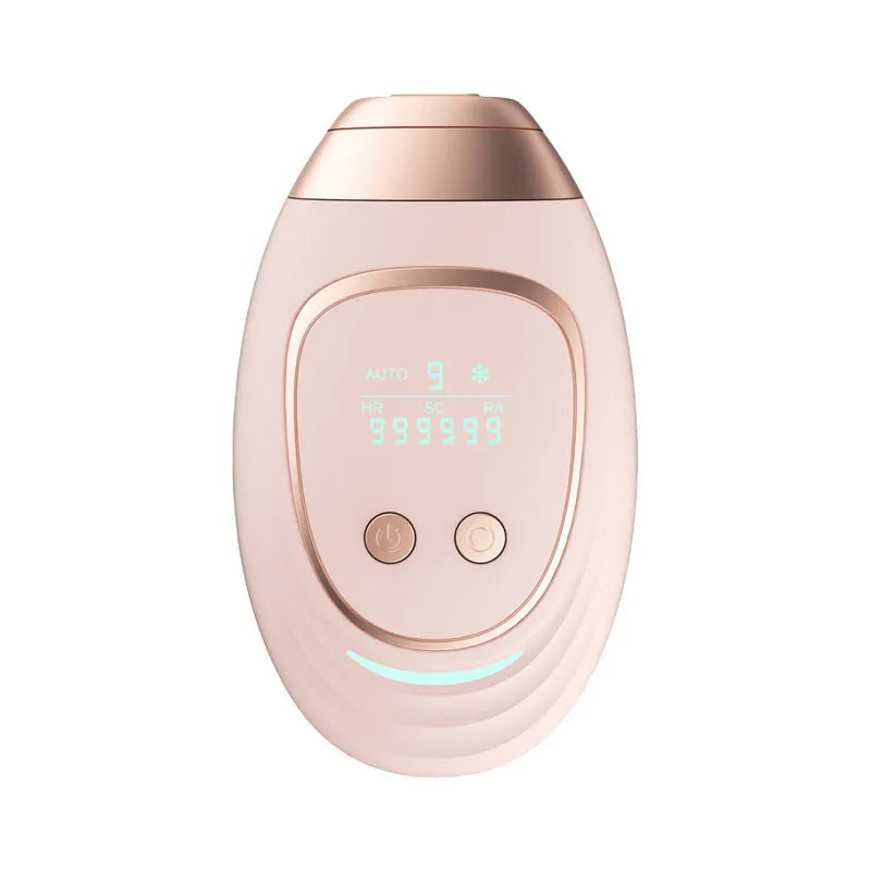 Pink and white laser hair removal device with ice-sensing technology and included accessories