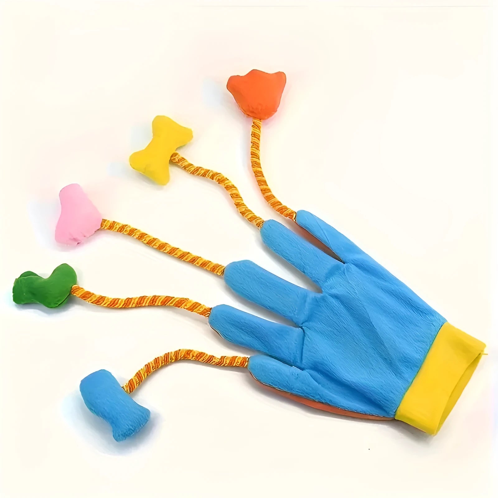 Yellow and blue plush cat toy with integrated bell measuring 40cm by 11cm