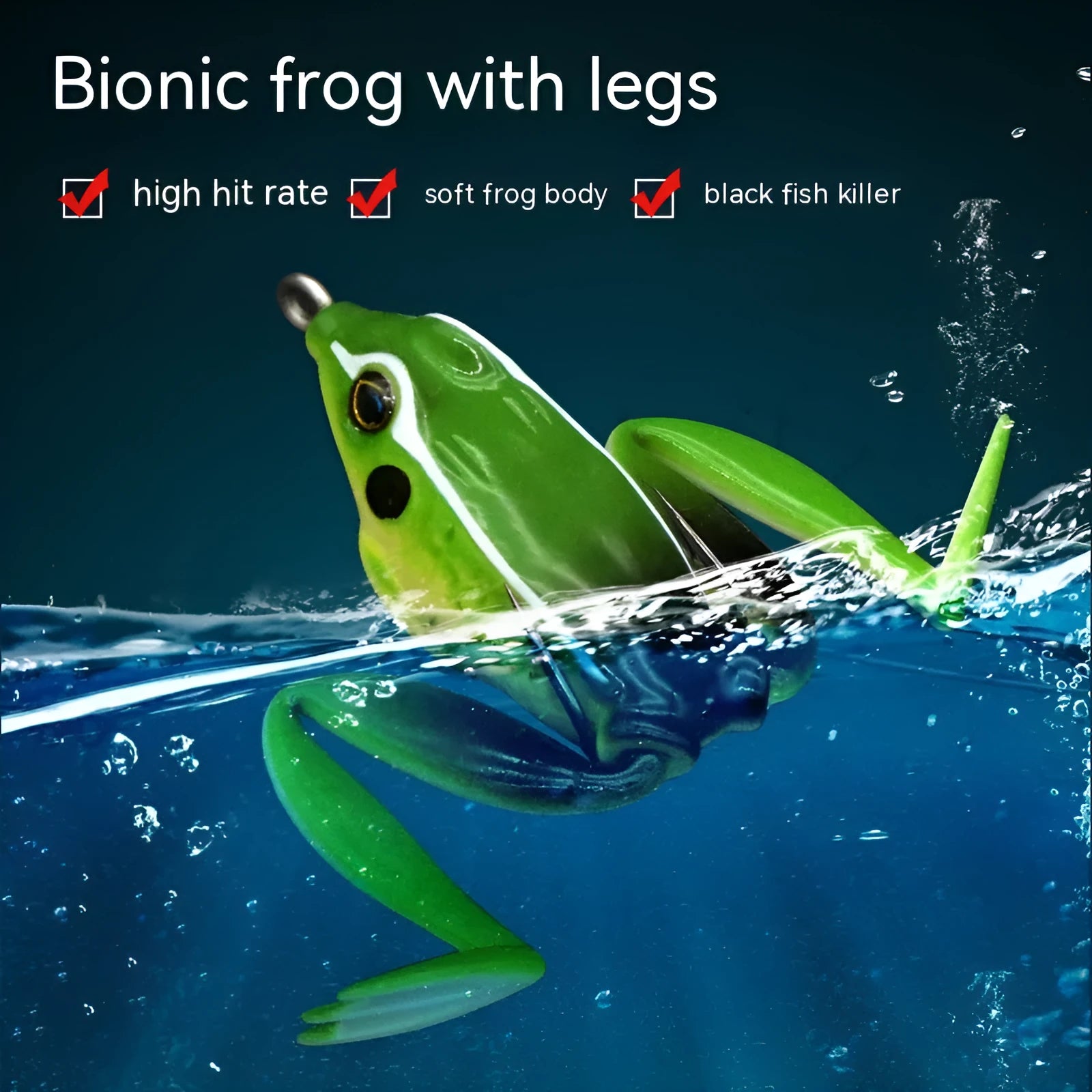 Bionic frog and snake head fishing lure with black thunder frog legs on a double hook