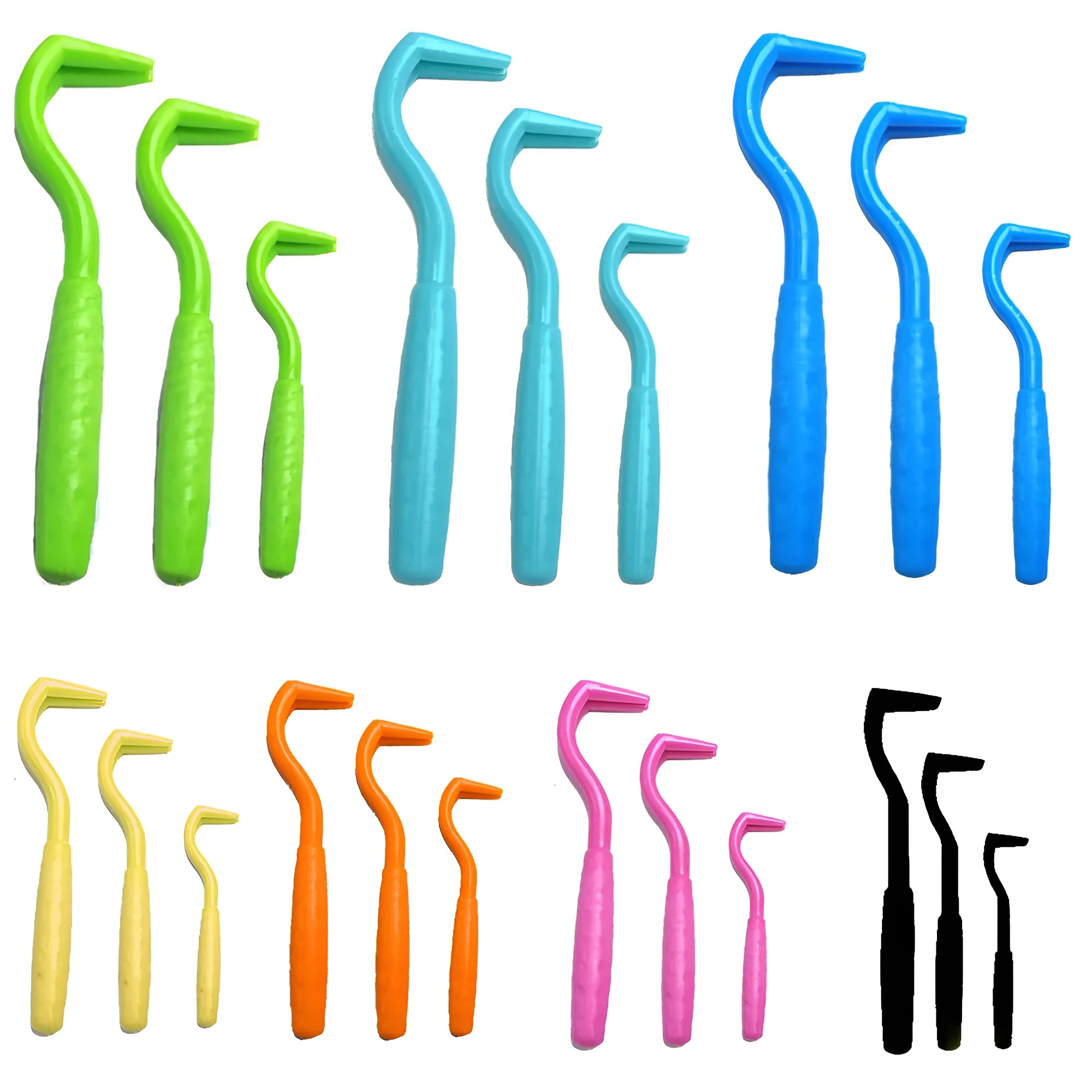 Set of three coloured tick removal hooks for dogs on a white background.