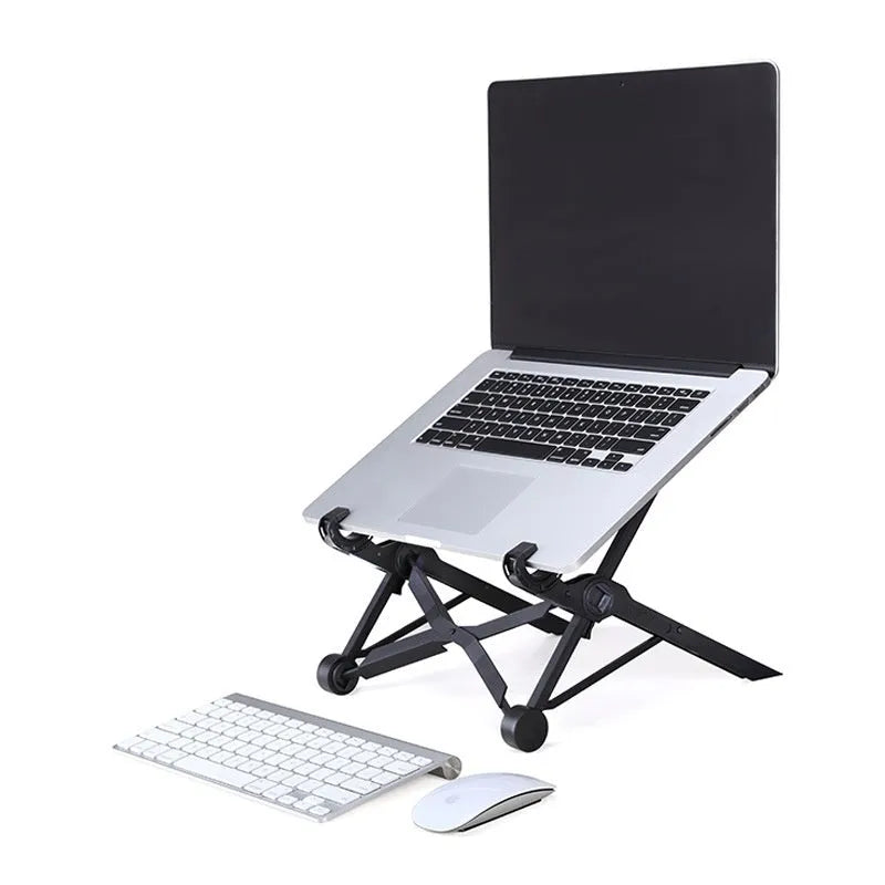Sagacious black portable folding computer bracket showing enhanced nylon construction and adjustable height mechanism
