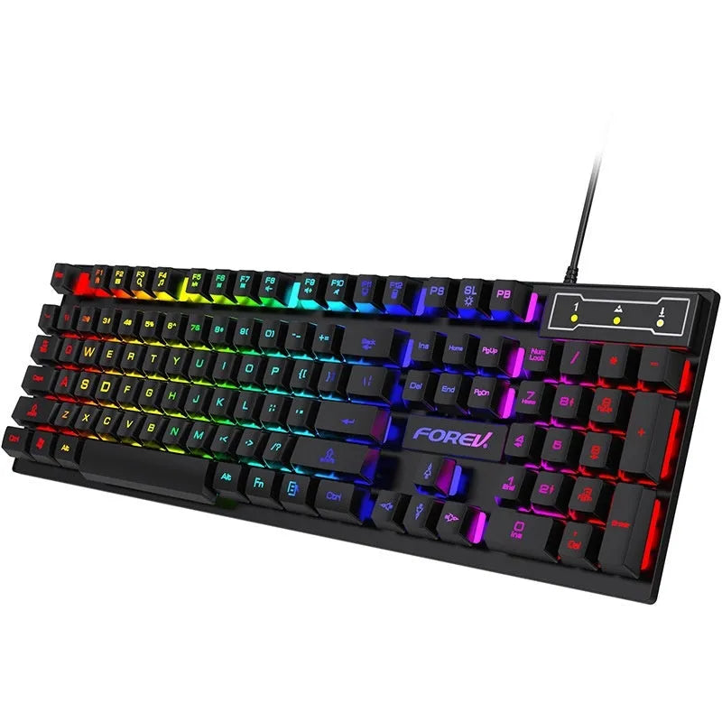 Black 104-key backlight gaming keyboard with mouse on desk showing compact design