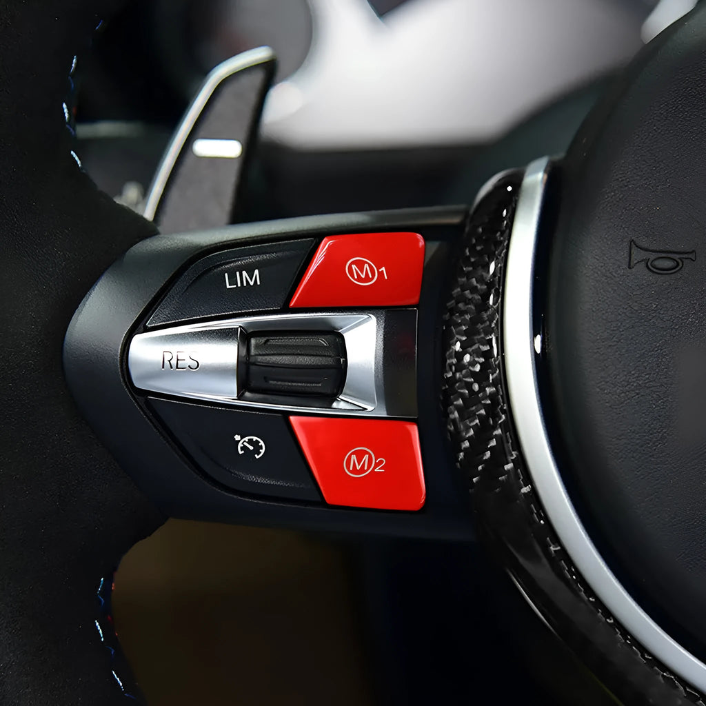 BMW steering wheel M1 and M2 mode button replacement accessories in red and blue colours