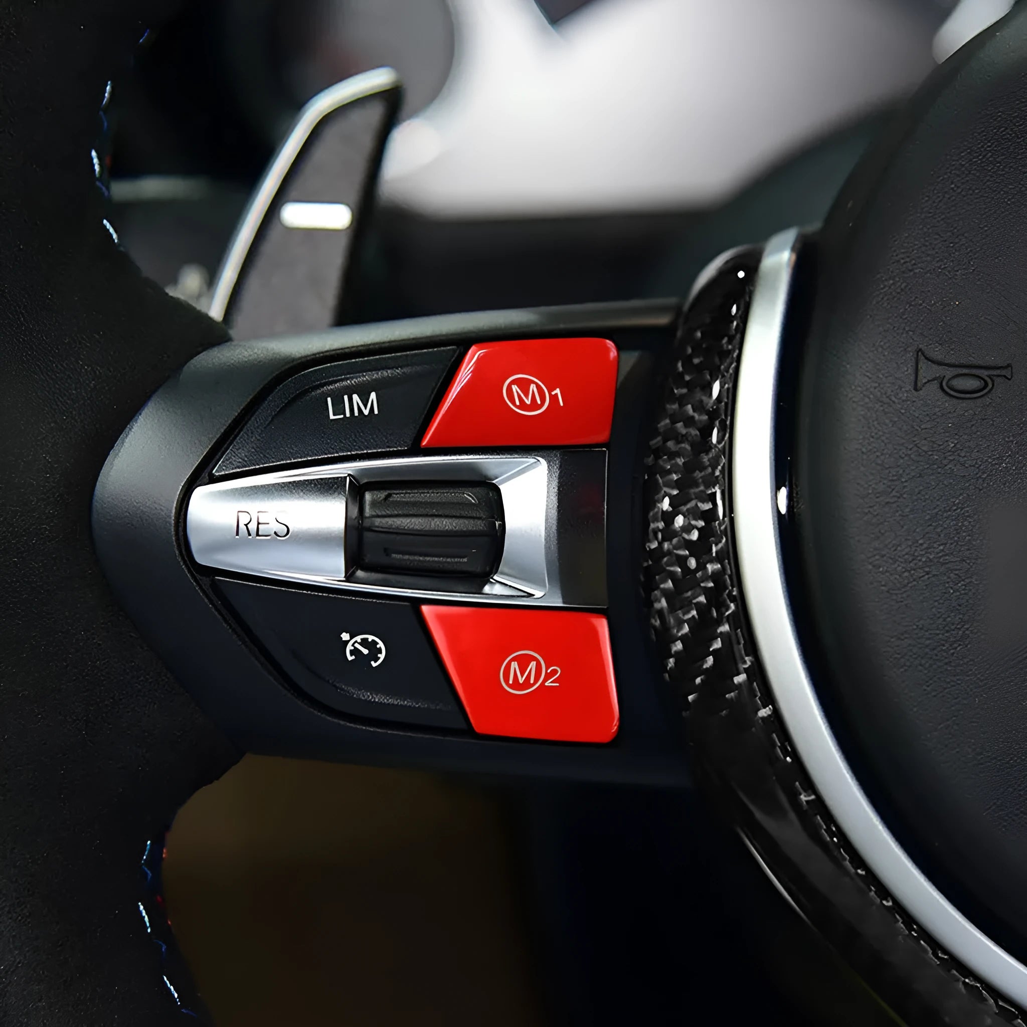 BMW steering wheel M1 and M2 mode button replacement accessories in red and blue colours