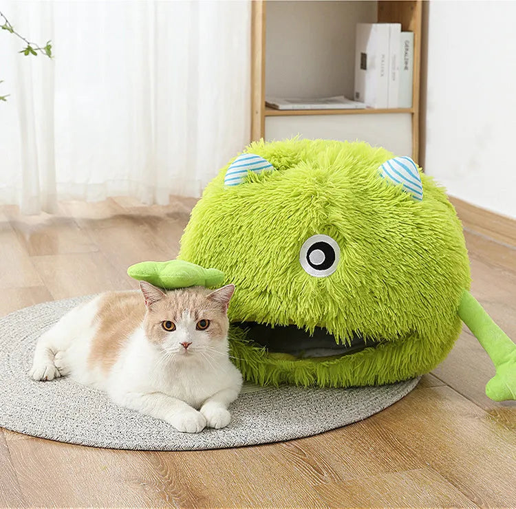 Fluffy round plush cat bed with non-slip base in small, medium, and large sizes.