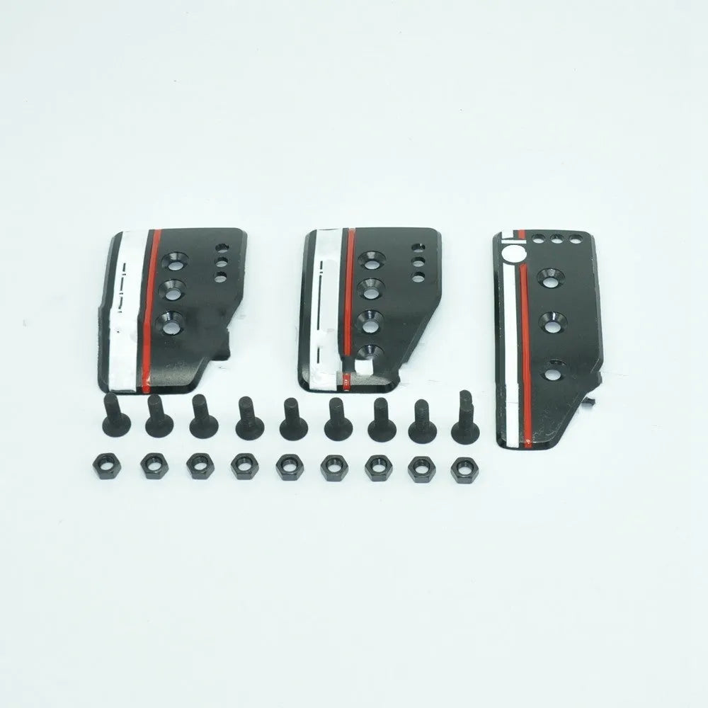 Aluminium alloy car pedal set for manual transmission showing brake, clutch, and accelerator with screws and nuts