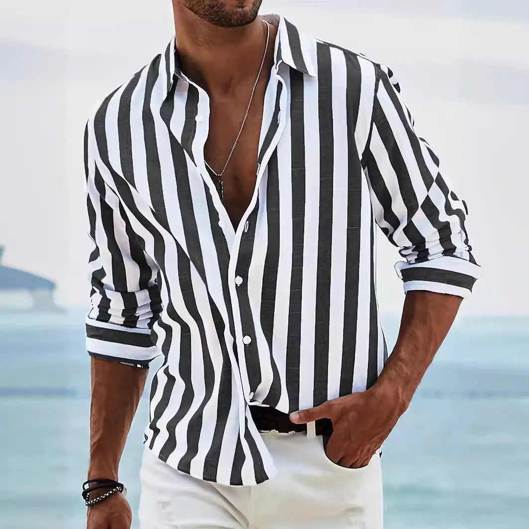 Men's yarn-dyed striped casual shirt with loose British style cardigan fit in polyester fabric