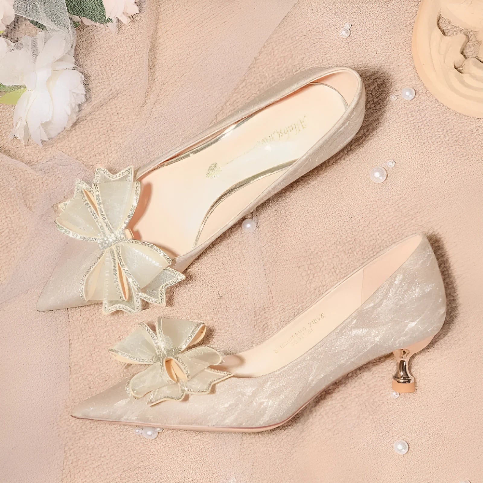 Champagne gold crystal sequin pointed toe stiletto heel wedding shoes with low-cut vamp