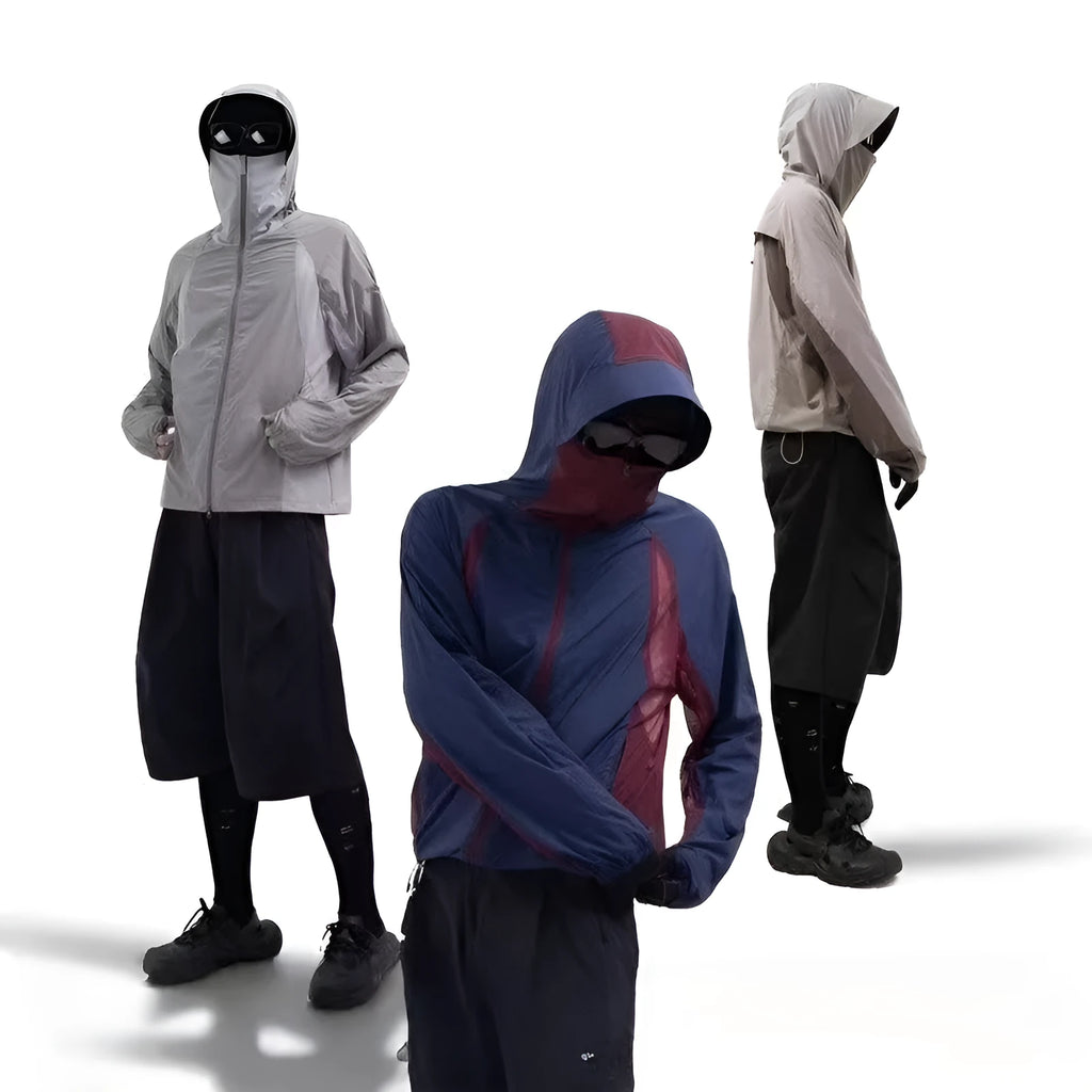 Mesh stitching sun protective clothes in nylon fabric showing desert brown, light grey, red and blue colour options