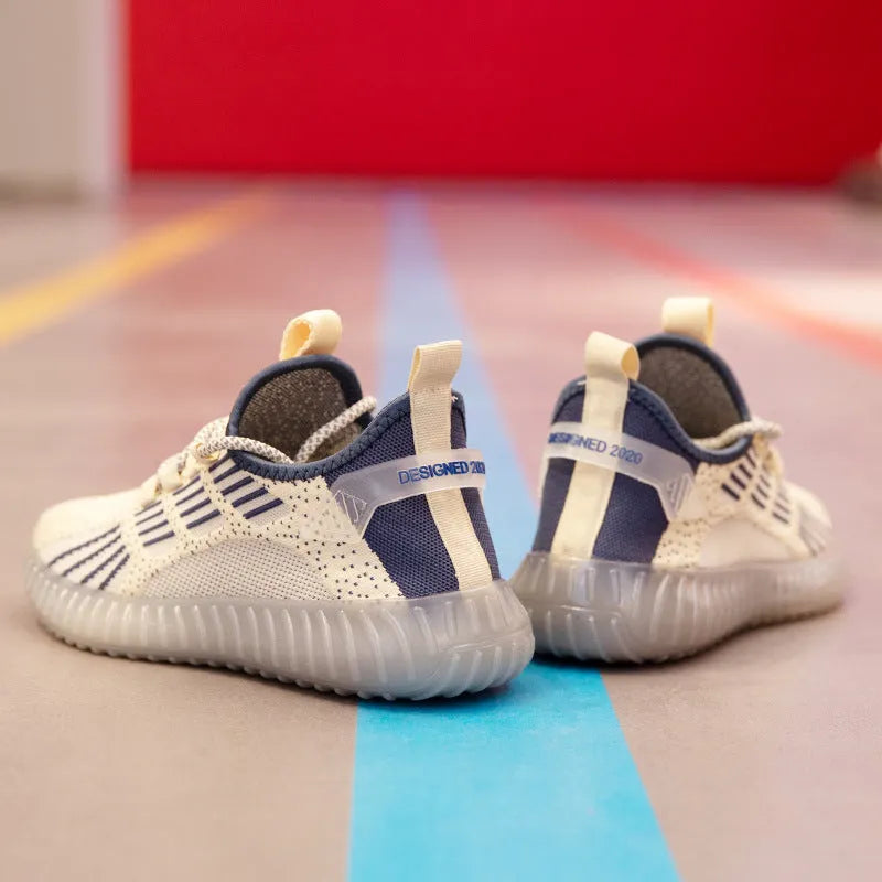 Men's white breathable flying fabric sports shoes with low-cut design and platform heel.