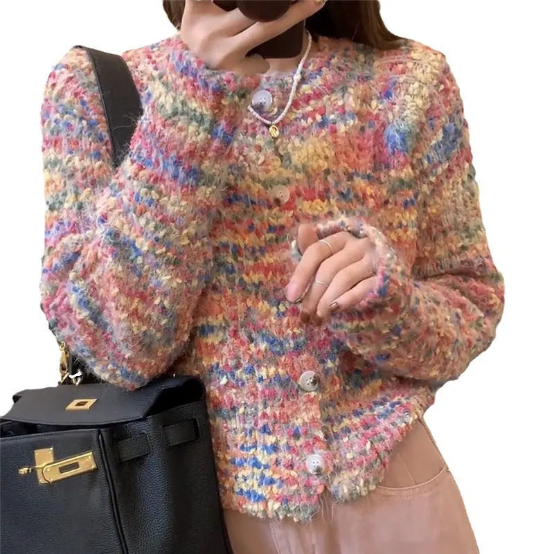 Retro style knitted rainbow cardigan sweater in pink or green colour with slim fit design