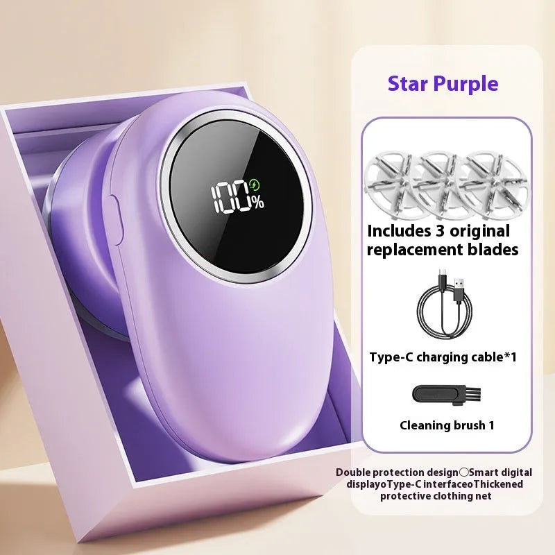 Purple and beige fur ball trimmer with digital display and multiple cutter head options