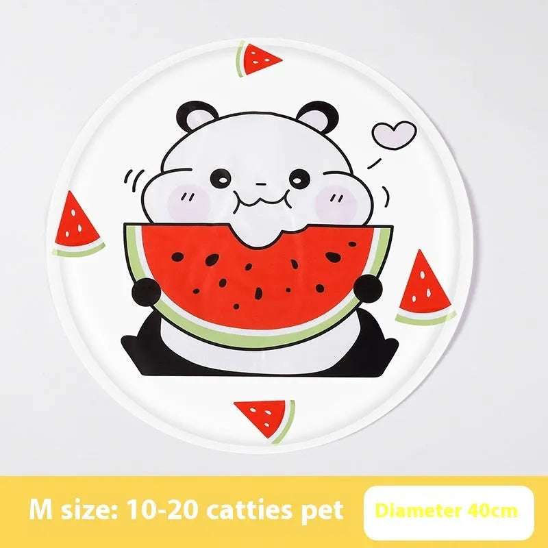 Round cartoon-design pet cooling mat for dogs on a floor, showing beige and blue colour options.