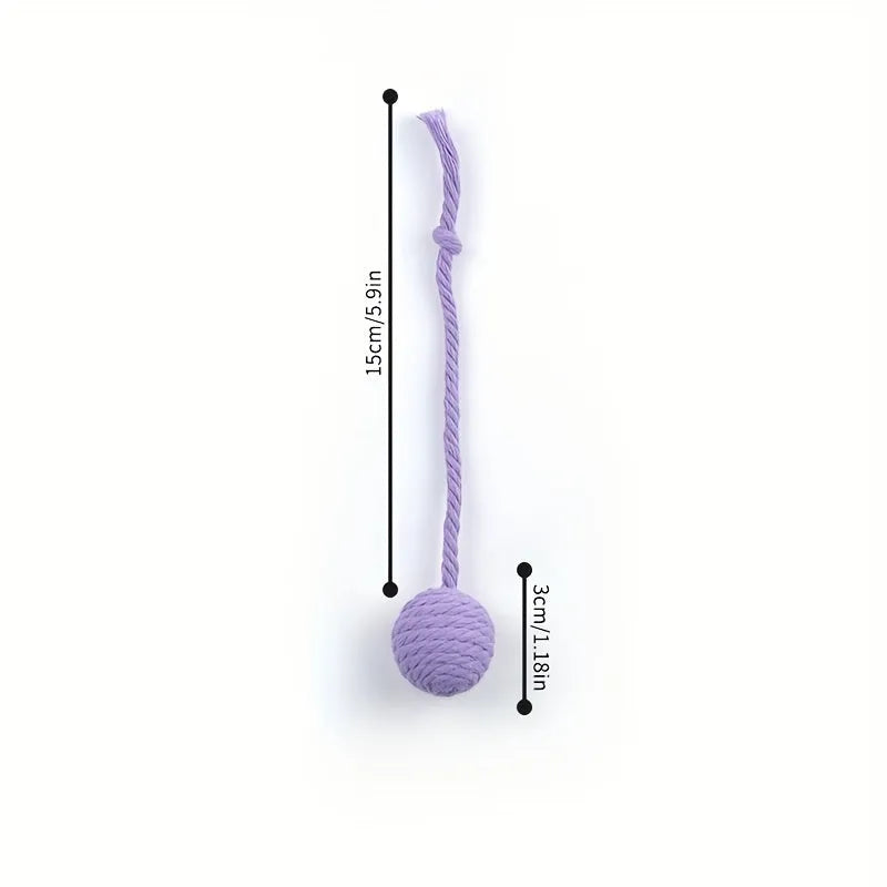 Colourful cat toy ball with rope handle and built-in bell for interactive play