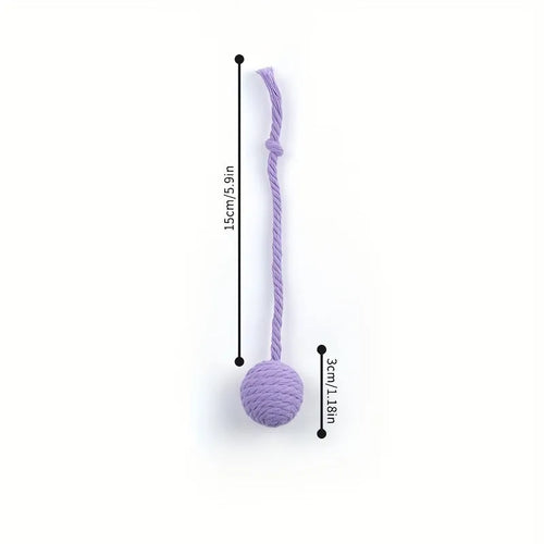 Colourful cat toy ball with rope handle and built-in bell for interactive play