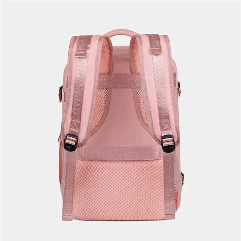 Large-capacity purple travel backpack for women with multiple compartments and an air pillow shoulder strap.