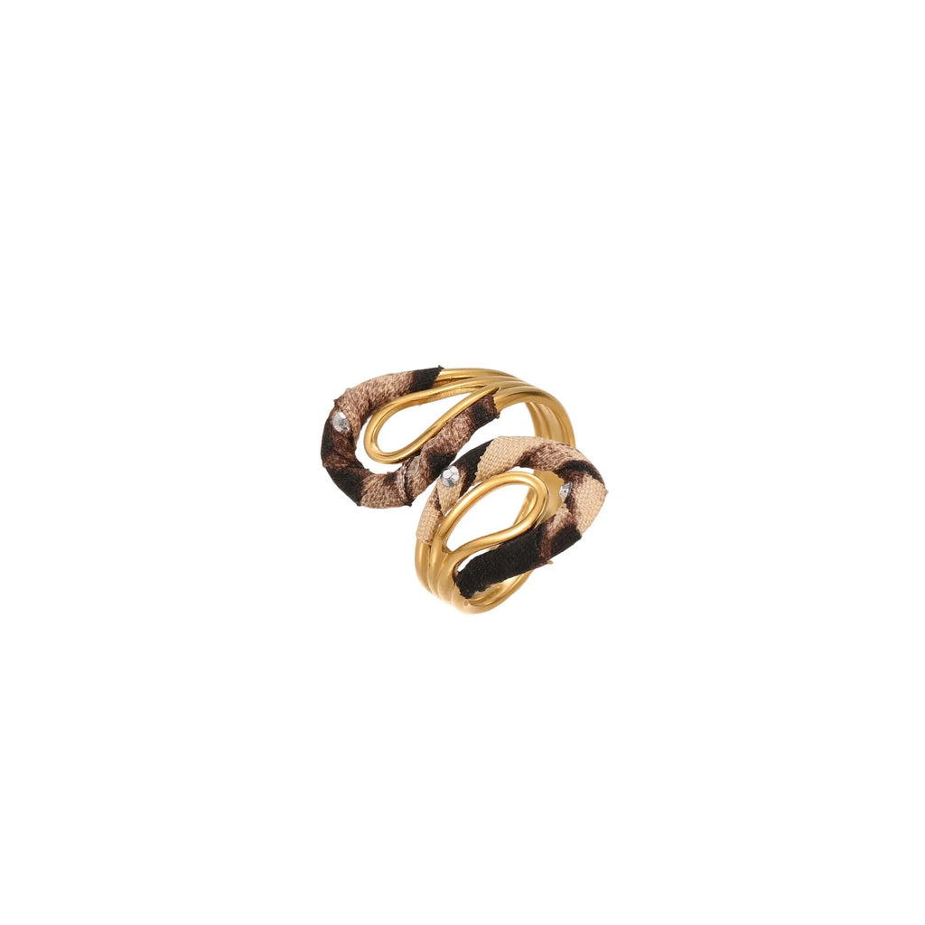 Leopard print geometric open mouth adjustable ring in stainless steel, showing heart shape on finger.