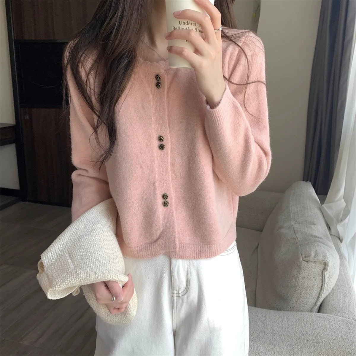 Women's long-sleeved acrylic cardigan coat in milky white, red, pink, light purple, or black.