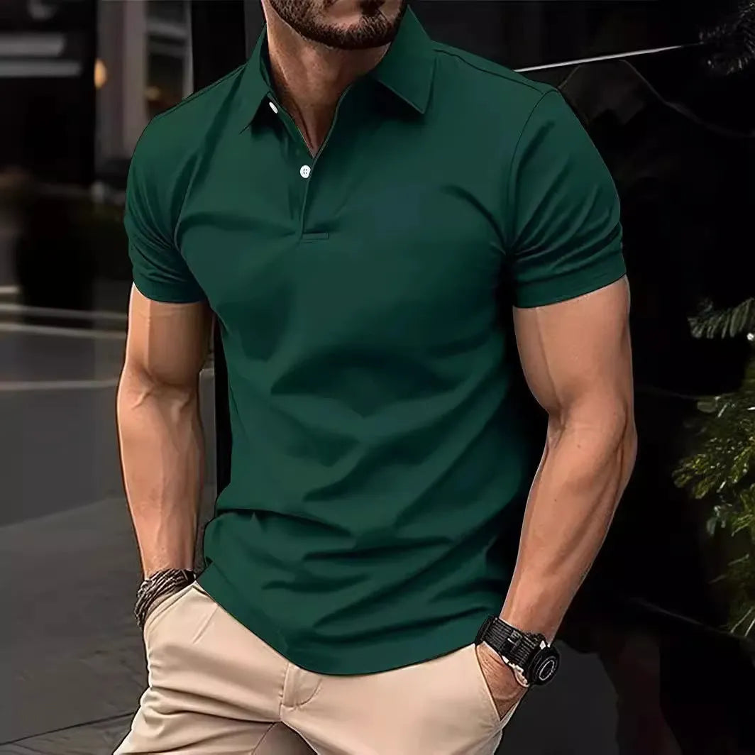 Men's slim fit casual short sleeve button-up shirt in a solid colour on a hanger.