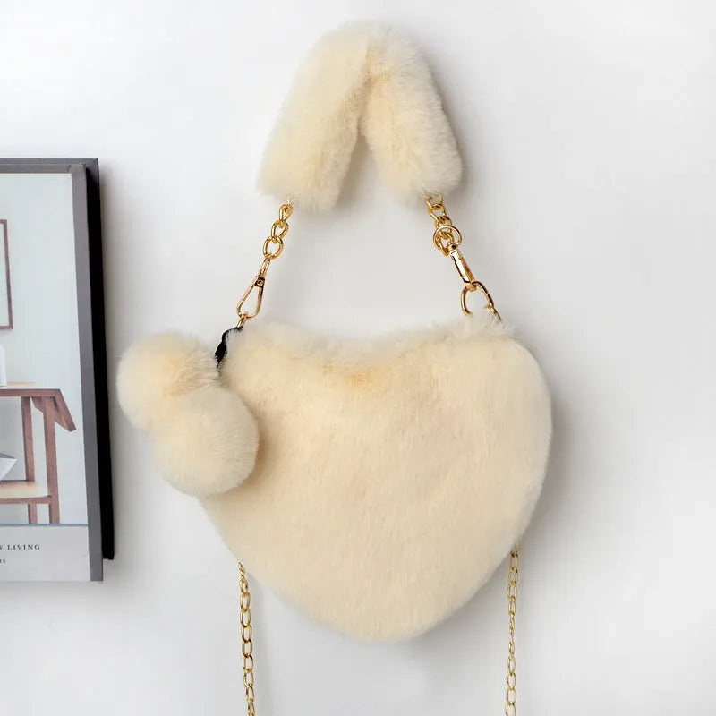 Soft plush heart-shaped women's handbag with zipper closure in various colours