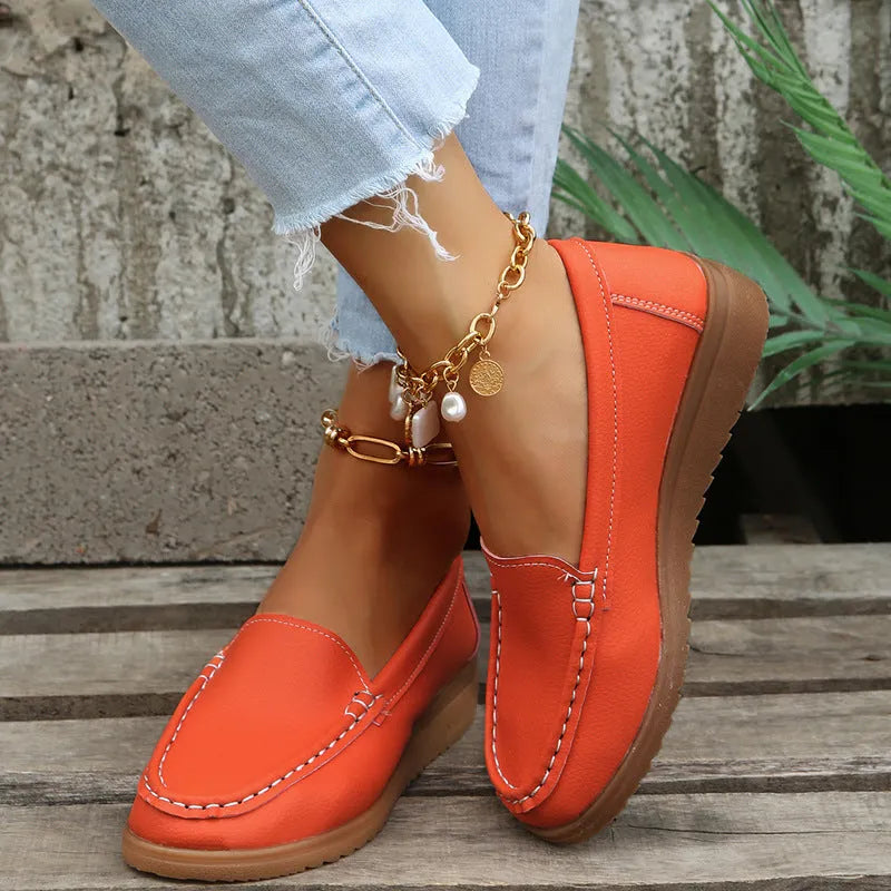 Women's PU leather loafers flats shoes in multiple colours with round toe and rubber sole