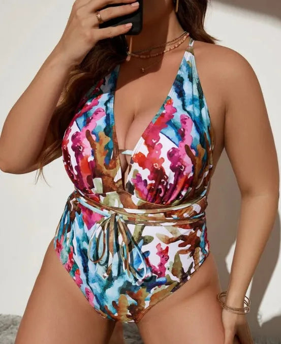 Purple women's halter swimsuit with solid colour design for swimming sports