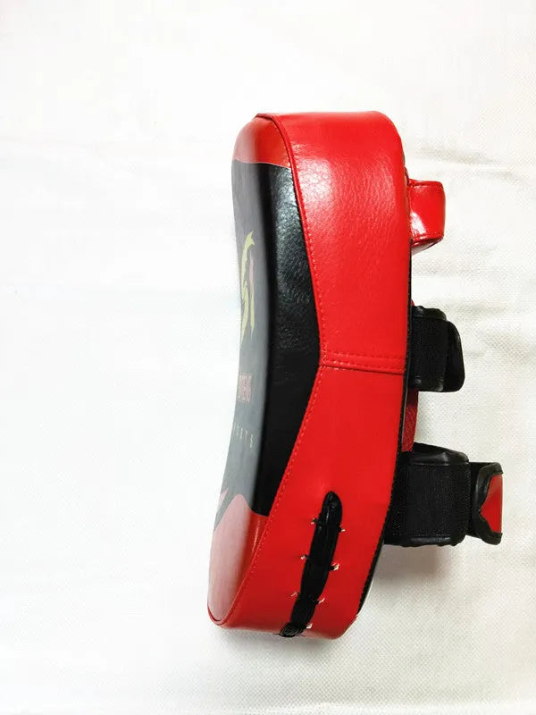 Black and red hand-held martial arts foot target with double buckle for boxing and Sanda training