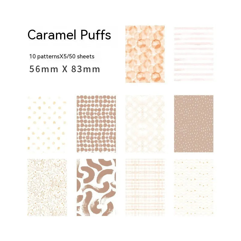 Pack of 50 retro-style collage note papers in ten dessert colours including caramel puff and strawberry coconut.