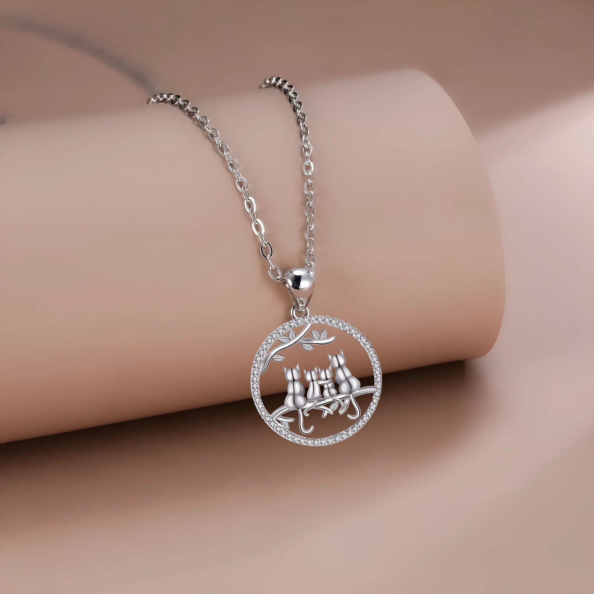 Copper necklace with four kitten pendant and cross chain style