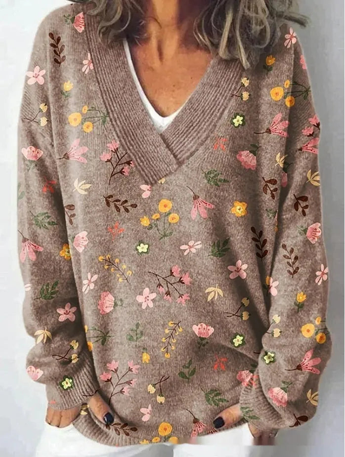 Women's V-neck long sleeve sweatshirt with a raised 3D floral pattern print in art retro style.