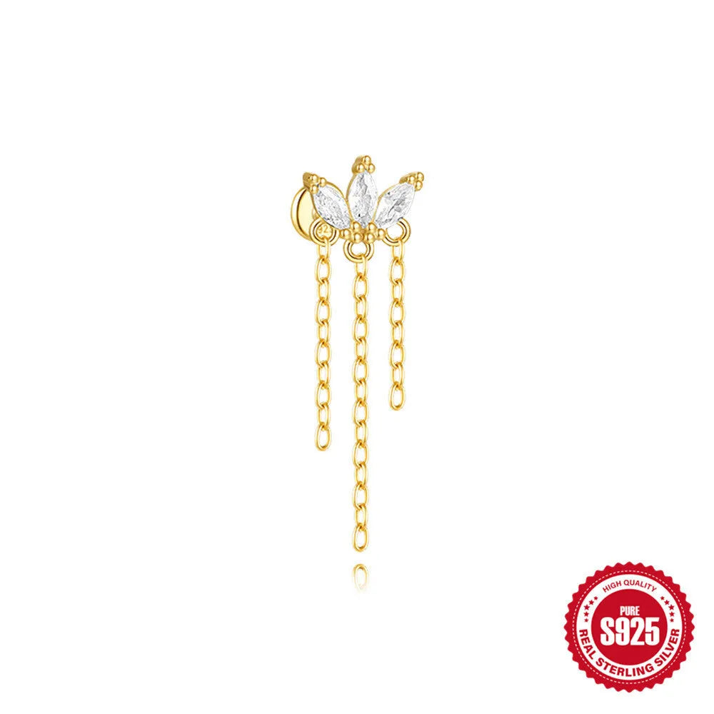 S925 sterling silver geometric kite shaped earrings with chain tassel and rhinestone detailing in gold tone finish