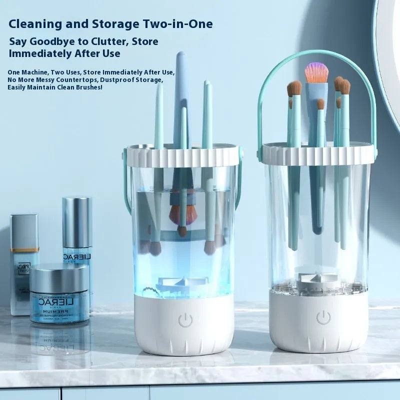 White plastic electric makeup brush cleaner with USB charging cable