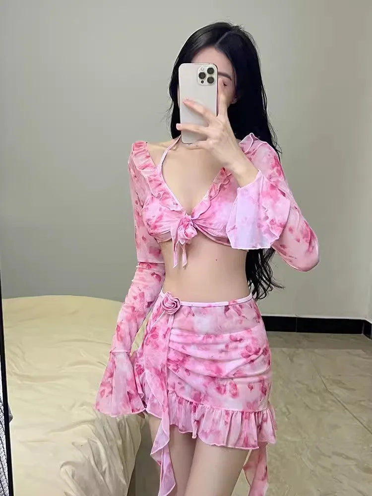 Women's floral bikini swimsuit in cherry blossom pink colour with floral pattern design
