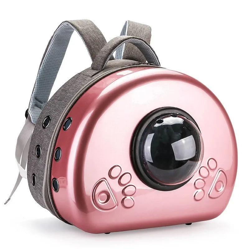 Transparent space capsule style cat carrier backpack in PC canvas with a coloured front shell.